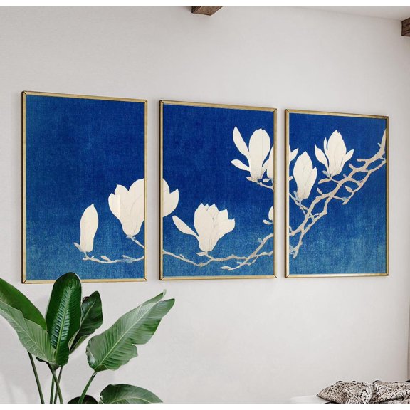 White Magnolia Japanese Blue Ink Prints Set 3 Unframed Paper Print 8x12