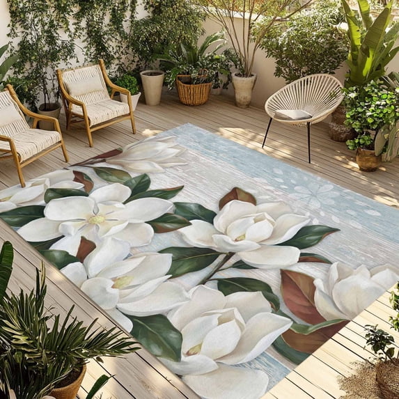 White Magnolia Outdoor Rug for Patio/Deck/Porch, Non-Slip Large Area Rug 6 x 9 Ft, Spring Floral Blossom Flowers Plants Light Blue Indoor Outdoor Rugs Washable Area Rugs, Camping Rug Carpet Runner