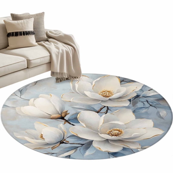 White Magnolia Round Area Rug 3ft Farmhouse Flowers Non-Slip Washable Circle Rugs Soft Felt Indoor Floor Mat for Bedroom Kitchen Living Room Bathroom