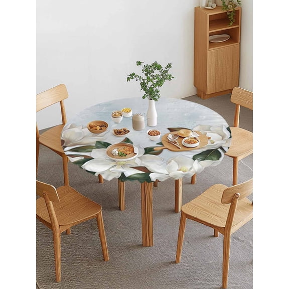 White Magnolia Round Fitted Tablecloth with Elastic Edge, Watercolor Flower Floral Plants Leaf Farmhouse Waterproof Stretch Table Covers for 36"-44" Tables Wipeable Table Cloth for Outdoor
