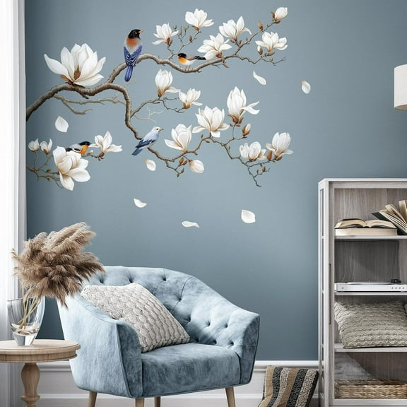 White Magnolia Tree Wall Decals Peel and Stick, Trees Flowers Wall Decor Stickers, White Branches Corner Wall Art(Left)