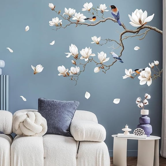 White Magnolia Tree Wall Decals Peel and Stick, Trees Flowers Wall Decor Stickers