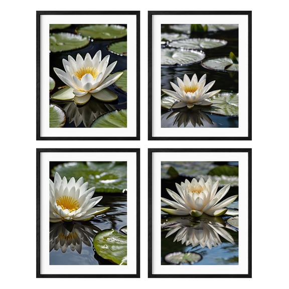 White Magnolia Wall Art Set of 4 Framed Lotus Artworks Floral Botanical Painting Abstract Flower Artwork Wall Decor for Bedroom Living Room Bathroom Office