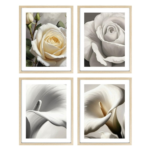 White Magnolia Wall Art Set of 4 Framed Lotus Artworks Floral Botanical Painting Abstract Flower Artwork Wall Decor for Bedroom Living Room Bathroom Office