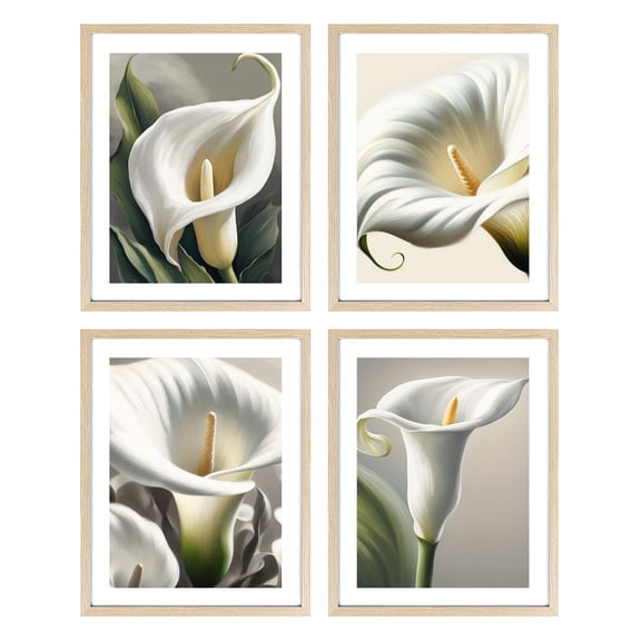 White Magnolia Wall Art Set of 4 Framed Lotus Artworks Floral Botanical Painting Abstract Flower Artwork Wall Decor for Bedroom Living Room Bathroom Office