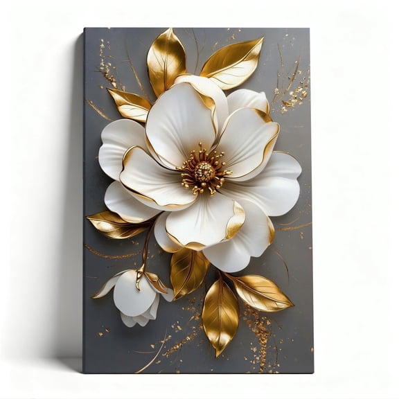 White Magnolia with Gold Accents Canvas Wall Art, Luxe Floral Decor, 3D-Look Botanical Artwork for Living Room, Ready to Hang