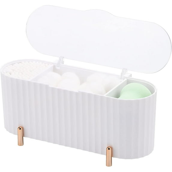 White Makeup Organiser,Happon 3 Compartments Cotton Pad Holder Cotton Swab Dispenser Makeup Container for Dresser Bedroom Bathroom, Makeup Organiser