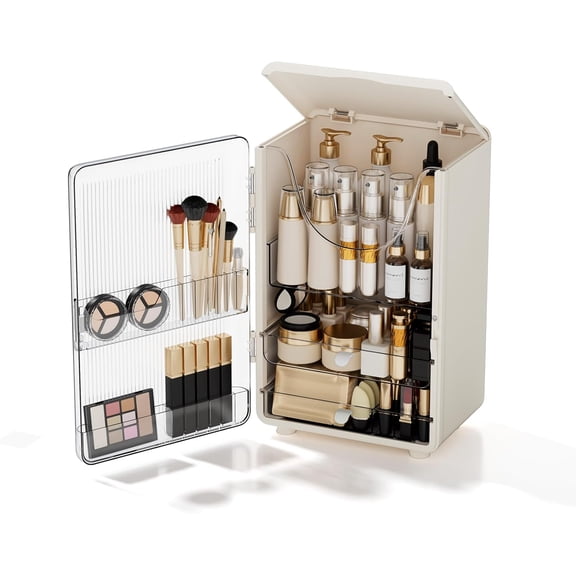 White Makeup Organizer Vanity Display Case with Large Plastic Drawers and Multi-Function Brush Storage for Bathroom Countertop