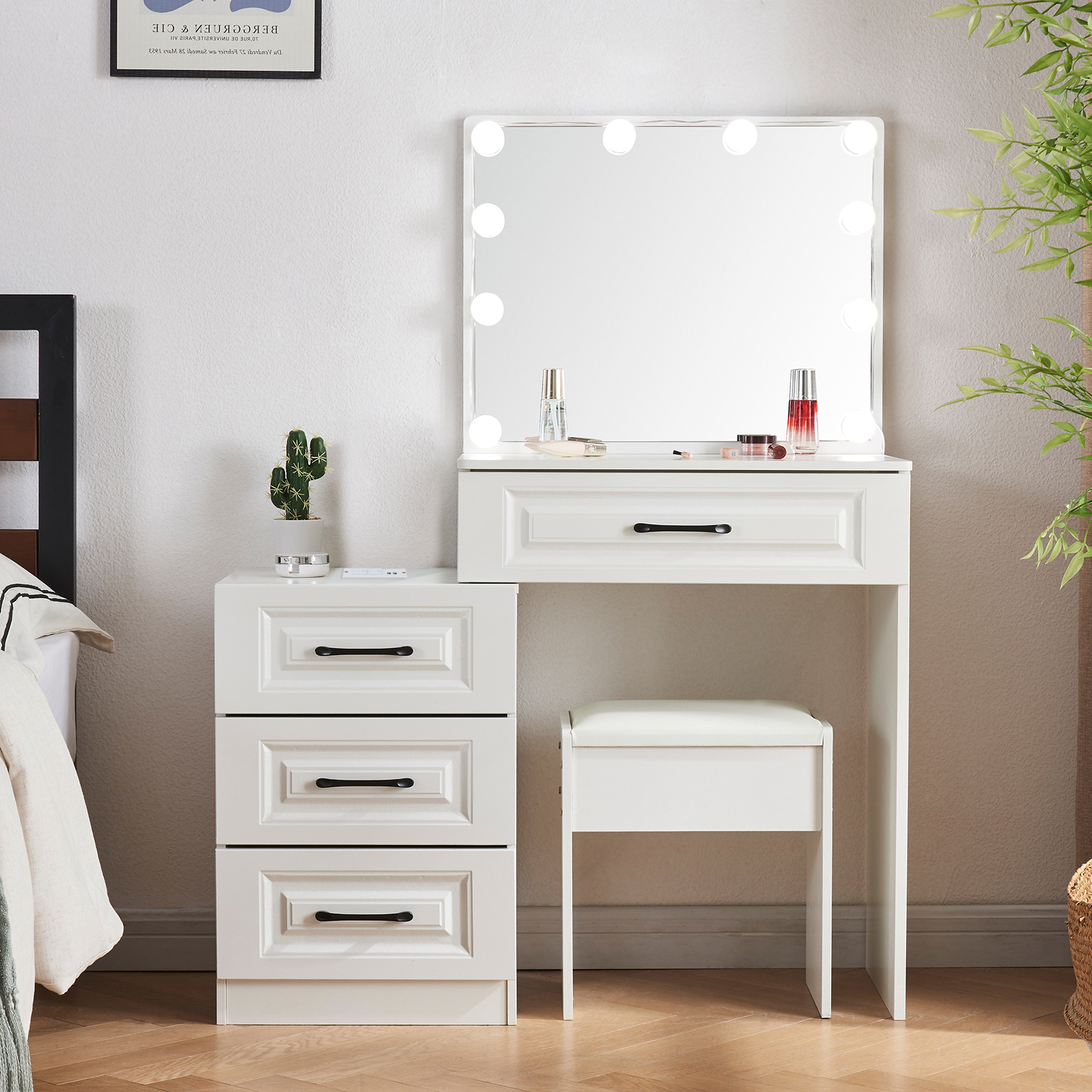 White Makeup Table w/ Lighted Mirror+10 LED Bulb & Black Handle Drawers USB Charging Station