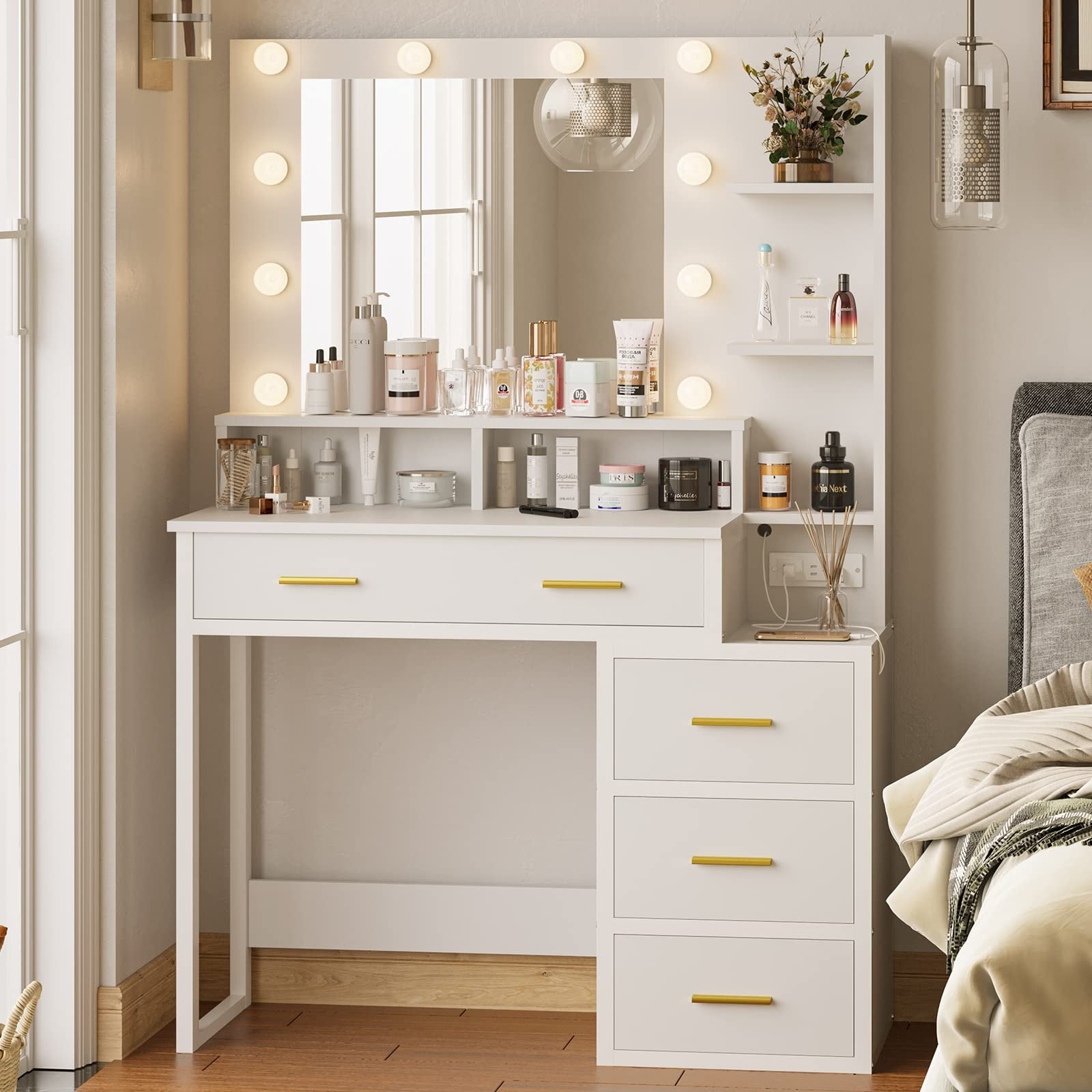 White Makeup Vanity With 10 Bulbs Vanity Desk With Mirror 2 USB Ports White Makeup Vanity With 10 Bulbs Vanity Desk With Mirror 2 USB Ports