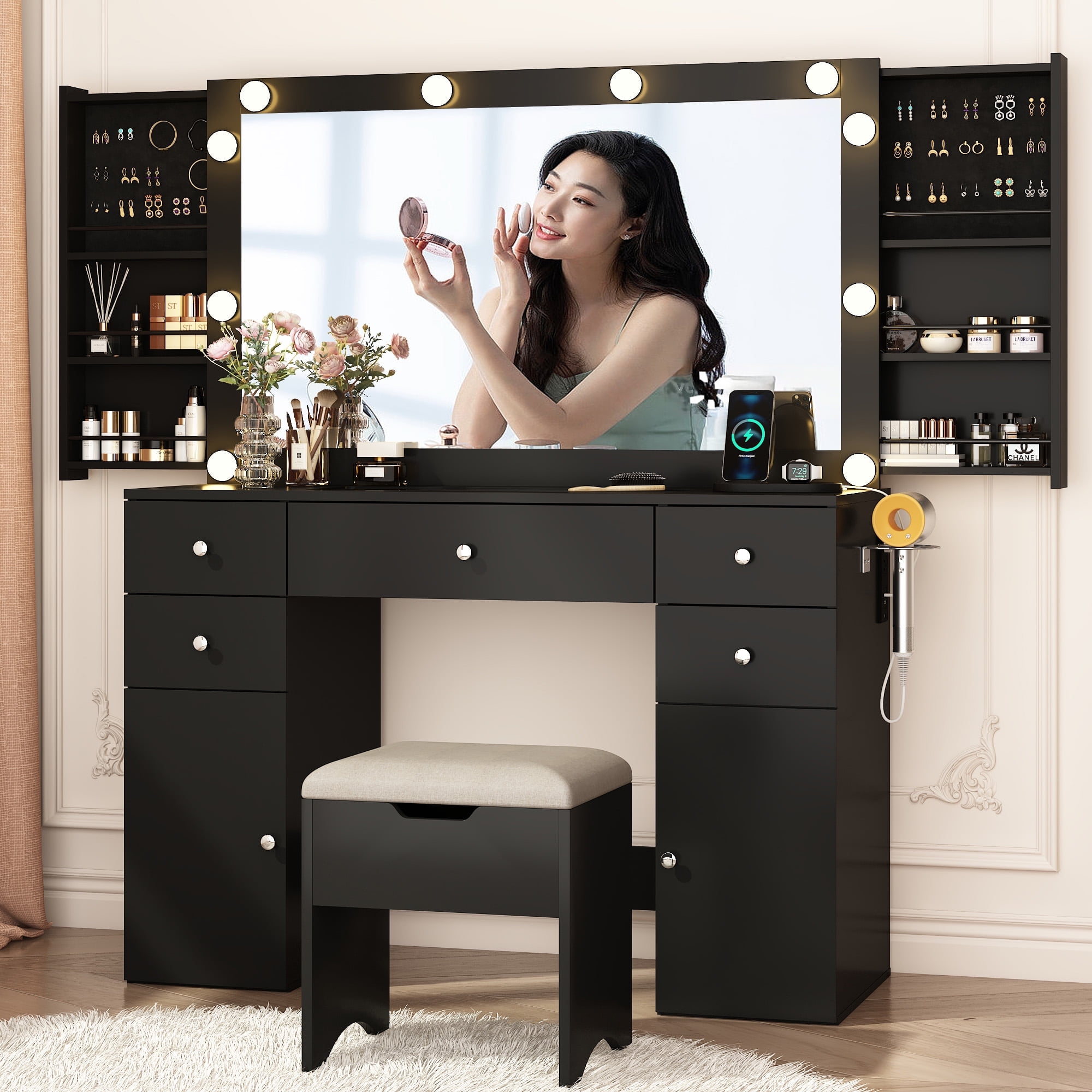 Black Vanity Desk with LED Mirror, Charging Station, USB