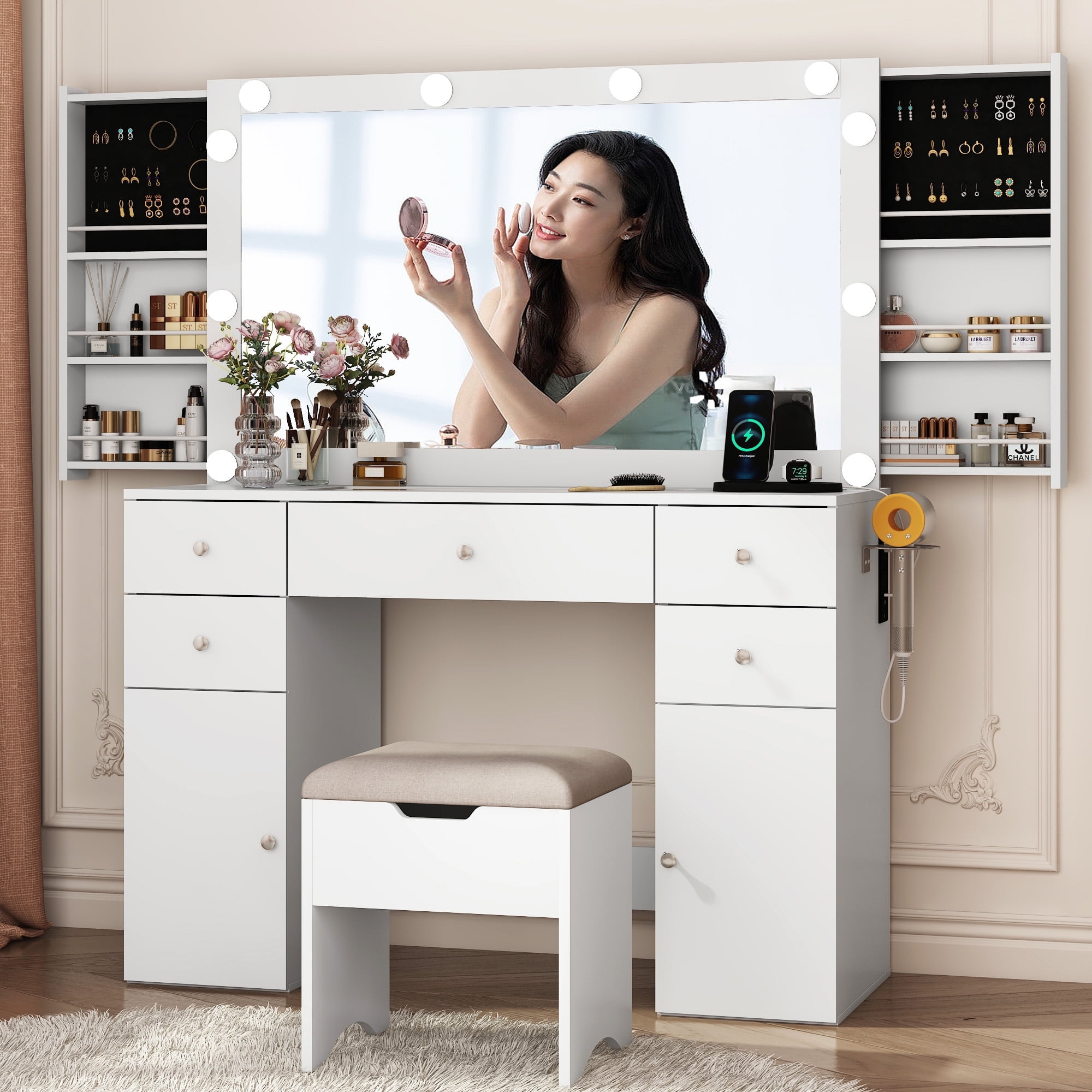 White Vanity Desk with Large Lighted Mirror Power Outlet Makeup Vanity Table with Glass Top Drawers Sliding Storage Vanity Set with Storage