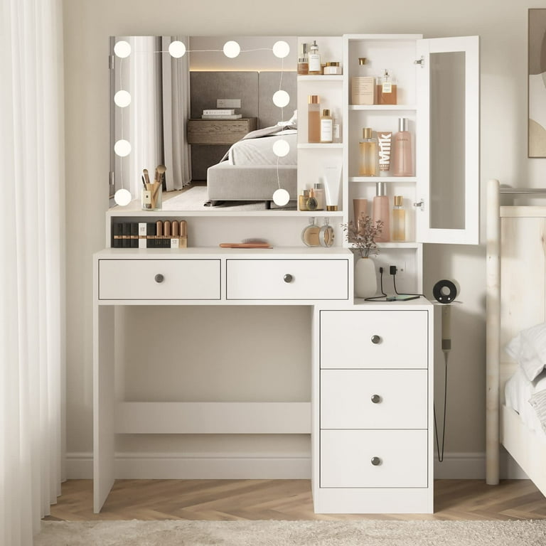 White Makeup Vanity Desk with Lights and Power Strip Lighted Mirror Vanity Table with 3 Color Dimmable 5 Drawers Large Makeup Table with Hair Dryer