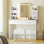 White Makeup Vanity Desk with Mirror & Adjustable LED Lights   2 Drawers, 6 Storage Shelves, Cushioned Stool, Built-in Power Outlet   Bedroom Dressing Table Set for Girls and Women   White