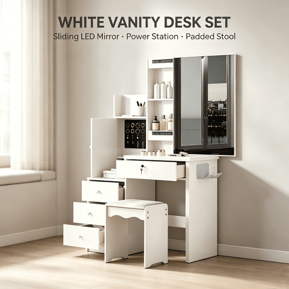 White Makeup Vanity Desk Set with Sliding Touch LED Mirror, Built-in Power Station, Multi-Storage Dressing Table with PU Padded Stool for Bedroom