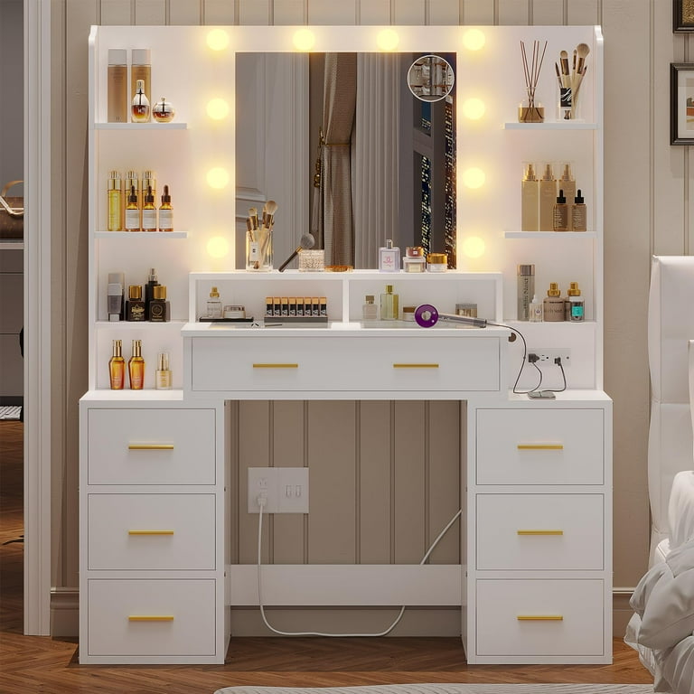 White Makeup Vanity Desk Table with Mirror and LED Lights 8 Drawers Charging Station 10x Magnifying Mirror Modern Vanity Desk for Bedroom