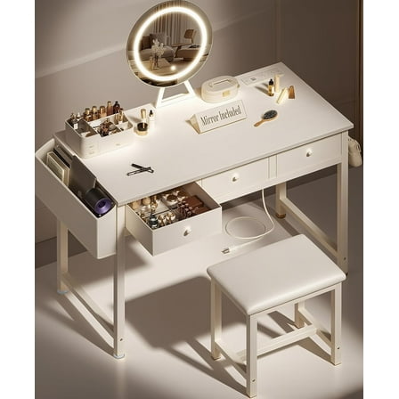 White Makeup Vanity Desk with Mirror and Lights Big Vanitys Set with Chair, Drawers and Power Outlet, Dressing Table Vanities for Girls Bedroom