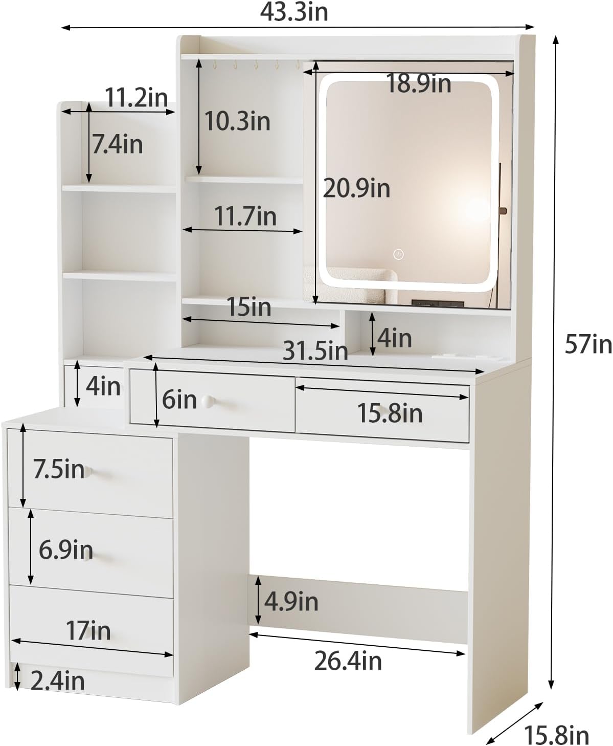 Openable Drawer White Makeup Vanity with LED Mirror and Power Strip, Vanity Desk with ...