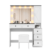 White Makeup Vanity Stool Set   Small Desk with Lighted Mirror, Charging Station, 5 Drawers, 3-Tier Cabinet   Wooden Dressing Table for Bedroom