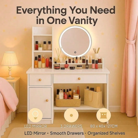 White Makeup Vanity With Lighted Mirror, 3 Drawers For Storage, For Bedroom, Apartment, Small Space Christmas Gift, Lover's Gift