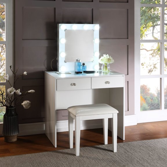 White Makeup Vanity and Stool with Lights / Enjoyable Beauty Ritual in Bedroom