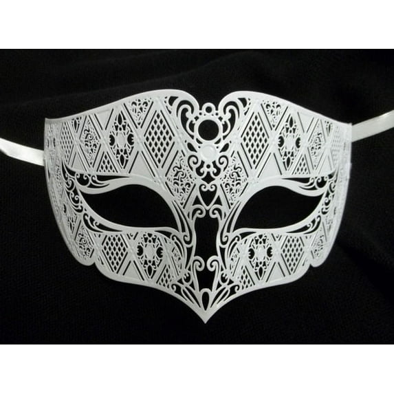 White Male Diamond Design Laser Cut Venetian Masquerade Metal Filigree Mask Men