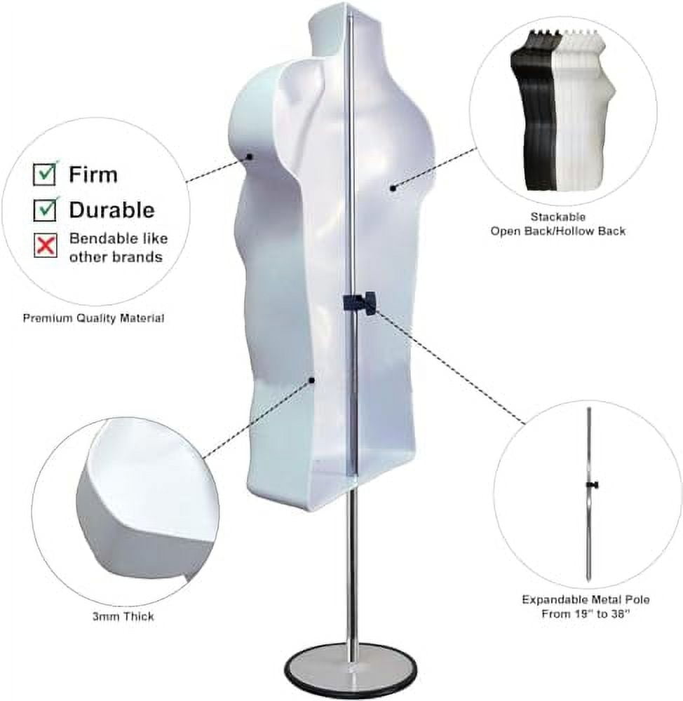 12 Packs Male Mannequin Torso Dress Form Tshirt Display Half Maniquin Body Rounded Waist Hollow Back Body Hanging Hook Clothes Display Shows Photos D