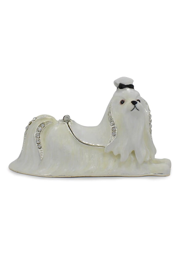 White Maltese Dog Jewelry Trinket Box Figurine