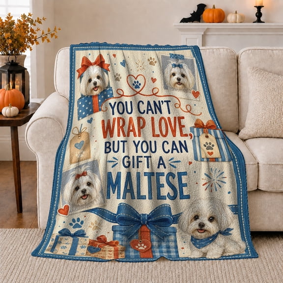 White Maltese Puppy Portrait Quote, Playful Pet Portrait Pattern, Warm Flannel Blanket for Living Room and Reading Nook, Dog Lovers Valentine's Day Gift, Pet Lover Home Decor
