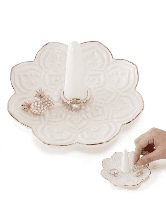 White Mandala Ceramic Ring Holder, Decorative Jewelry Tray Trinket Dish, Small Jewelry Holder for Women, Wedding Birthday Engagement Gift