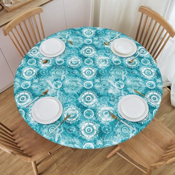 White Mandala in Green Fitted Round Tablecloth Waterproof Table Cloth with Elastic Edge Wipe Clean Table Cover for Indoor Outdoor Fits 45"-50", Medium