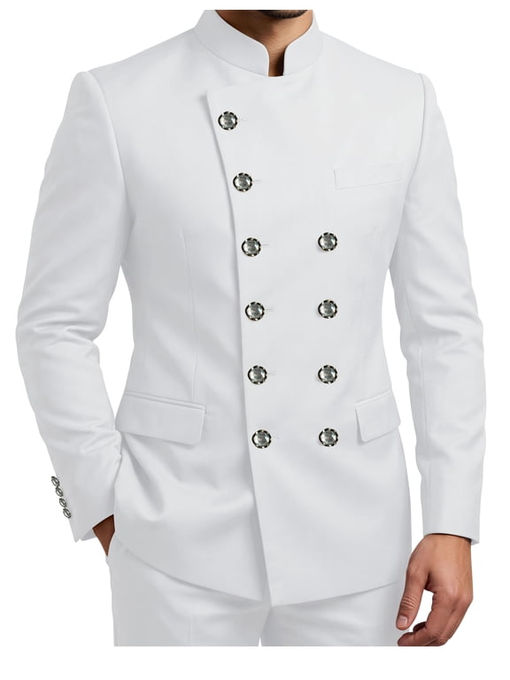 White Mandarin Collar Men's Suits 2 Piece Sets Silver Buttons Double Breasted Blazer Pants Suit XL