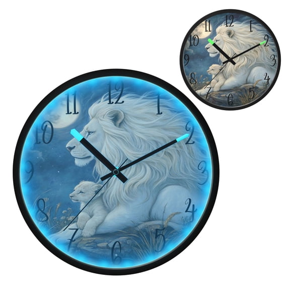 White Maned Lion Luminous Wall Clock with Sound-Activated LED 12-Inch Silent Acrylic Timepiece for Bedroom Livingroom or Office