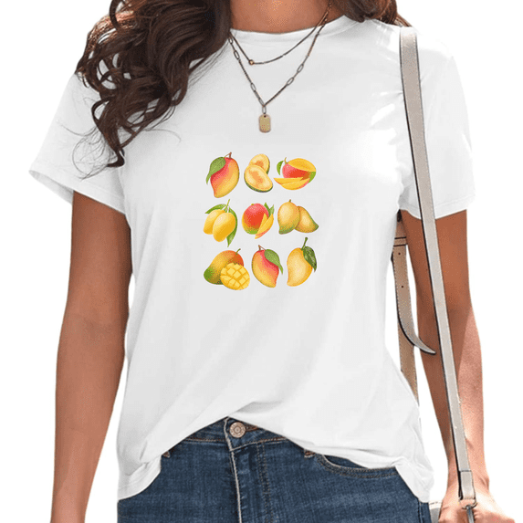 White Mango Assortment Print T-Shirt Women's Casual Loose Fit Short Sleeve Tropical Fruit Aesthetic Graphic Tee Tops S-5XL