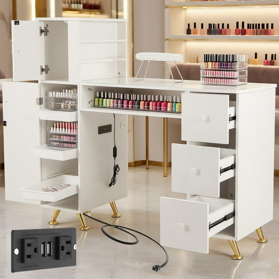 White Manicure Table with Gold - Accented Legs, Multi - Compartment Storage (Cabinets & Drawers), Spacious Worktop, Salon - Quality Nail Desk for Professional & Home Use