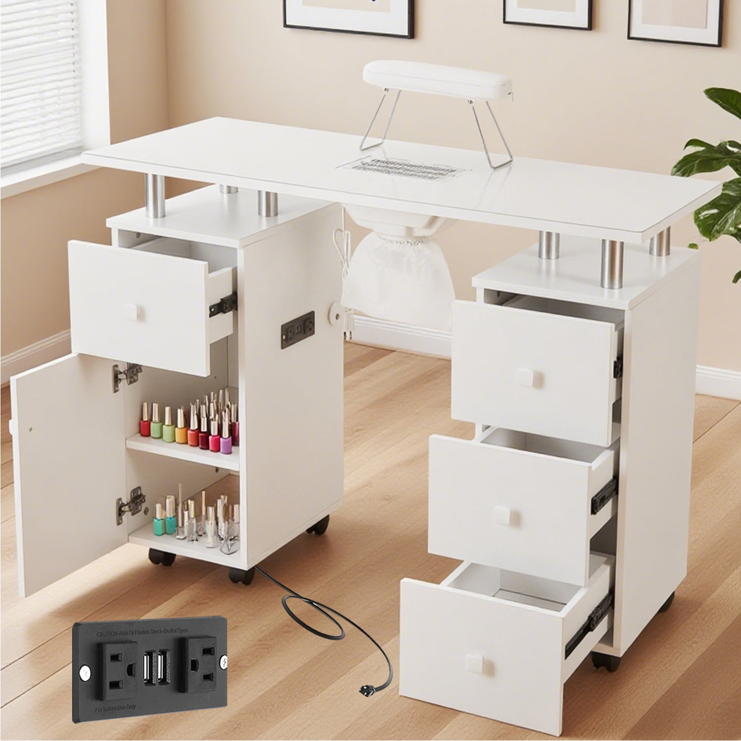 Manicure Table With Built-in Dust Collector&4 Dust Bag,Nail Desk With 2