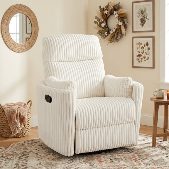 White Manual Lounge Chair with Footrest and High Back Support for Living Room, Bedroom or Reading Corner 360 Swivel Recliner Chair with Gentle Rocking Motion,