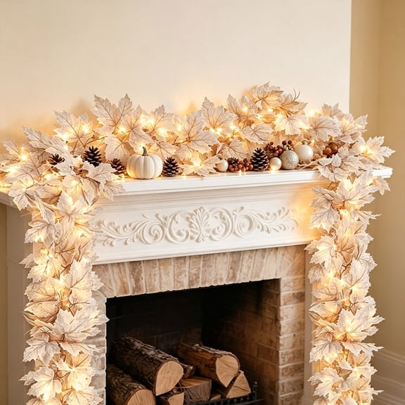 White Maple Leaf Garland with Lights, 5.74ft Artificial Fall Vine Garland with Warm LED String, Flexible Lighted Hanging Decor for Thanksgiving Mantel, Wall & Wedding