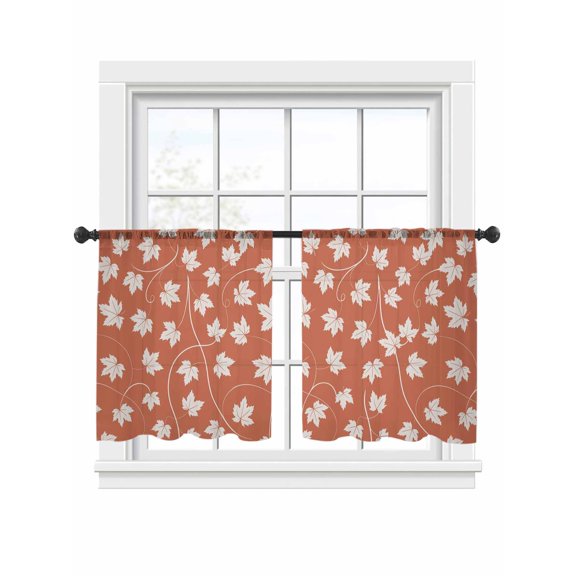 White Maple Leaf Sheer Curtains 2 Panels Set Fall Leaves Red Brown Background Sheer Window Curtains Light Filtering Rod Pocket Voile Drapes for Bedroom Living Room 52"x54"