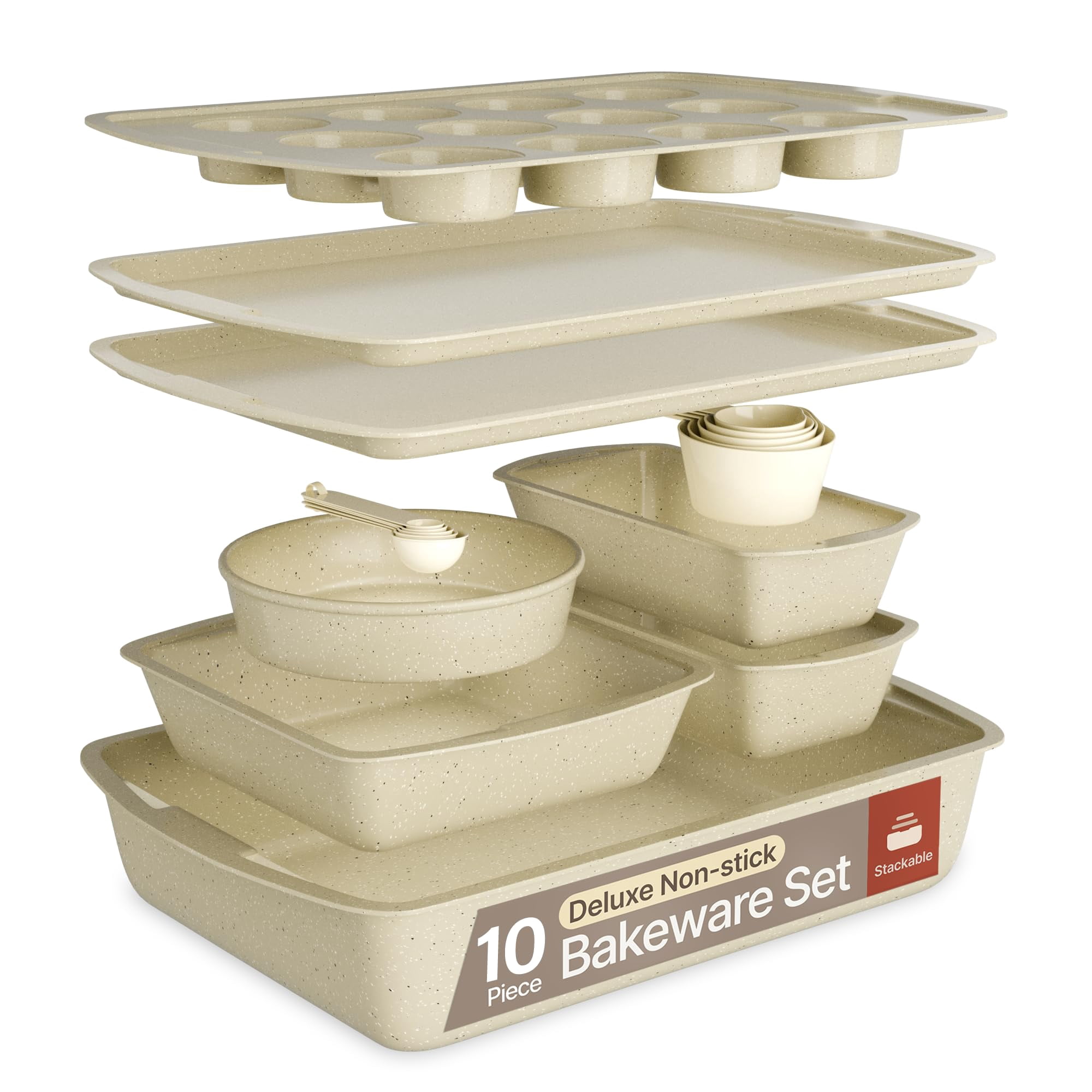 Bakken- Swiss 10-Piece Bakeware Sets, Nonstick Carbon Steel Baking Sheet & Pans, Stackable Space-Saving Bakeware, Stain-resistant, Oven Safe (up to 450°F), White Marble