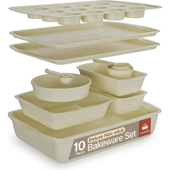 Bakken- Swiss 10-Piece Bakeware Sets, Nonstick Carbon Steel Baking Sheet & Pans, Stackable Space-Saving Bakeware, Stain-resistant, Oven Safe (up to 450°F), White Marble