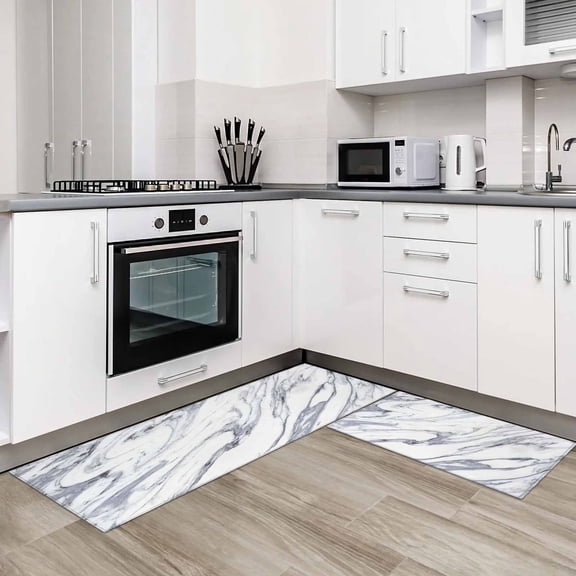 White Marble 2 Pieces Non-Slip Kitchen Mat Set Grey Abstract Modern Luxury Simple Art Soft Door Mat with Rubber Backing,Dirtproof Rugs for Entrance Doorway 20x24in+20x48in