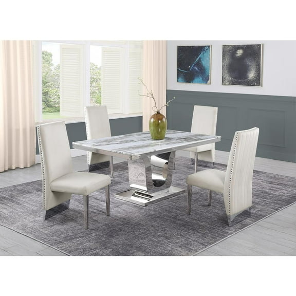 White Marble 5 piece Dining Set with Silver Stainless Steel Base