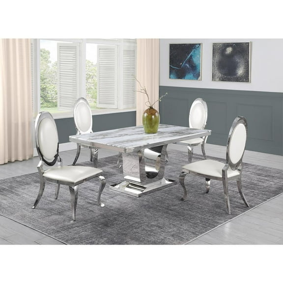 White Marble 5 piece Dining Set with Silver Stainless Steel Base