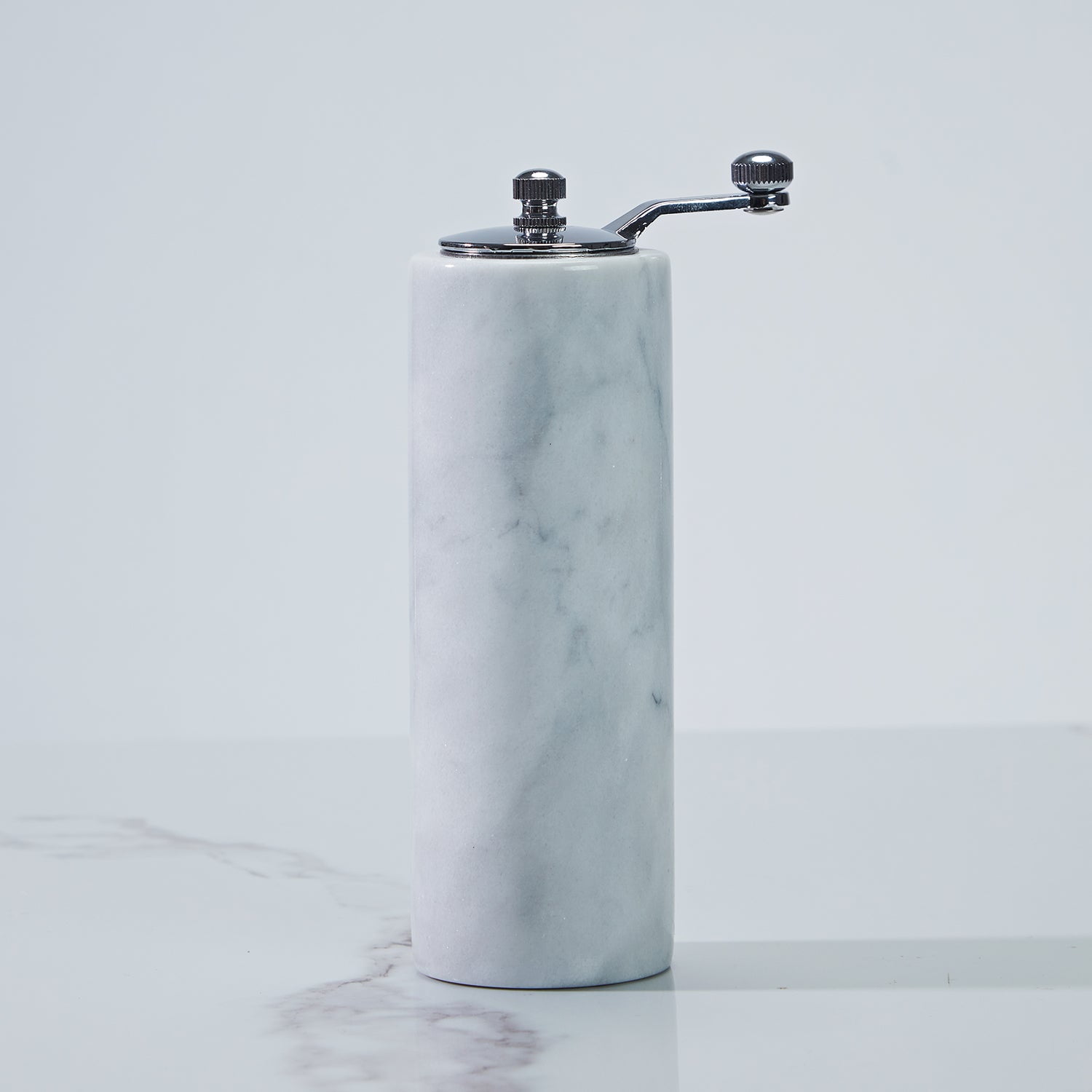 White Marble Adjustable Grind Pepper Mill with Grey Veining and Stainless Steel Mechanism Marble