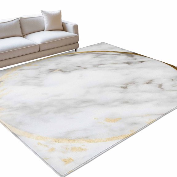 White Marble Area Rug, Abstract Gold Circle Marble Texture Contemporary Non-Slip Felt Rubber Backing Rectangle Indoor Carpet Washable Rugs for Living Room Bedroom 5x7ft