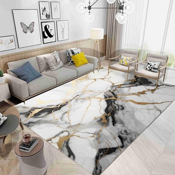 White Marble Area Rug, Black Gray Gold Texture Design Rug, Light Luxury Modern Abstract Art Rugs, Living Room Bedroom Dining Room Office Indoor Non-Slip Floor Carpet Mat