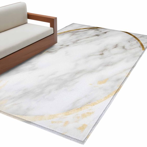 White Marble Area Rug 3x5ft Abstract Gold Circle Marble Texture Contemporary Non-Slip Washable Square Rugs Soft Felt Indoor Floor Mat for Bedroom Kitchen Living Room Bathroom