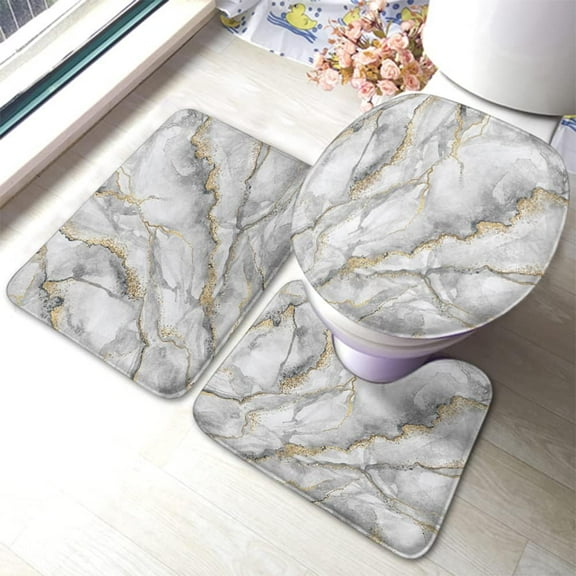 White Marble Bathroom Antiskid Pad Fashion Marbling Granite Stone 3 Pieces Bathroom Rugs Set, Bath Mat+Contour+Toilet Lid Cover Gold Black Gray