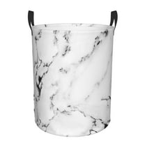 White Marble Circular Laundry Hamper With Handles, Collapsible Canvas Organizer Basket For Dirty Clothes, Storage or Bedroom Medium